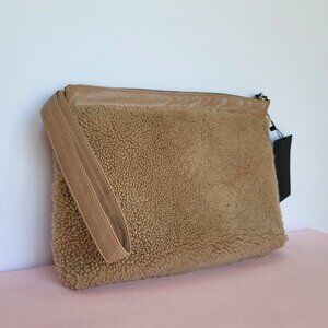 VIAVENETO Delilah Curly Lambskin Shearling Large Pouch/Wristlet- Camel color